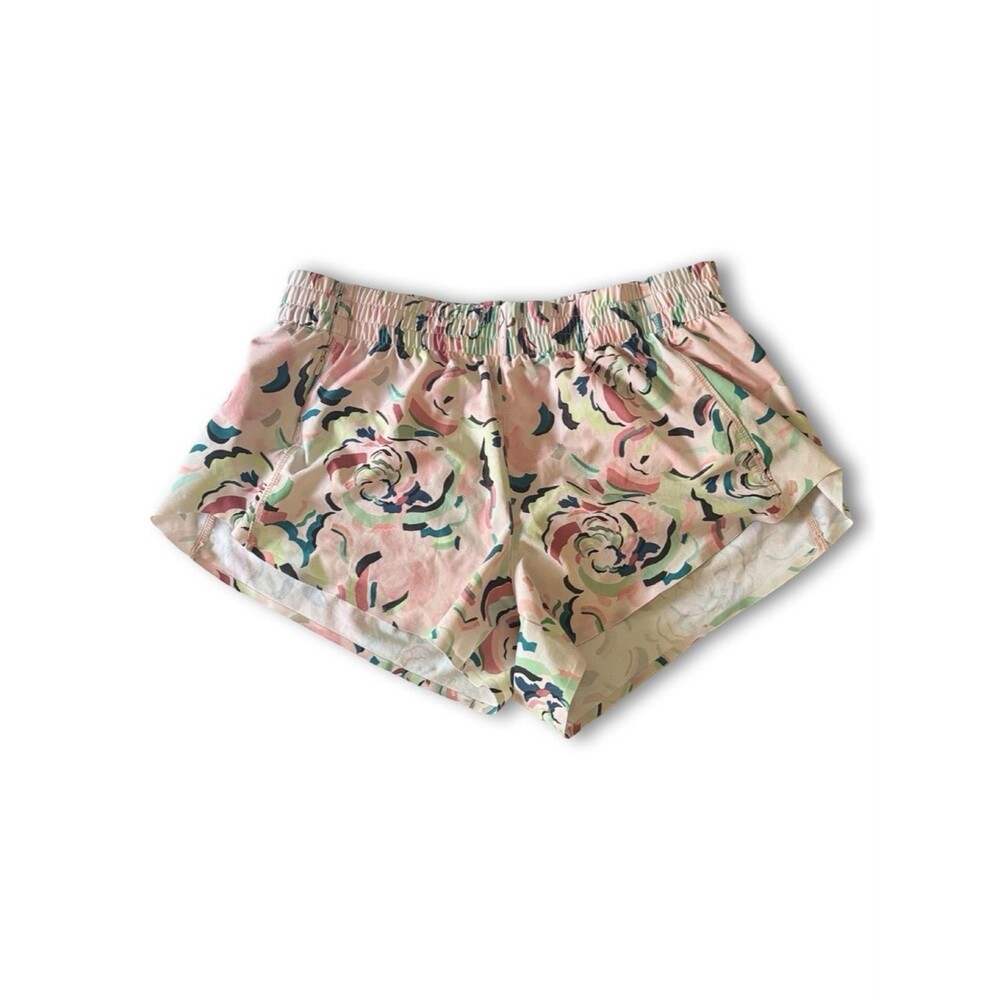 Athleta Hustle Shorts Pink Floral Print Lined Running Shorts zip pocket 3”